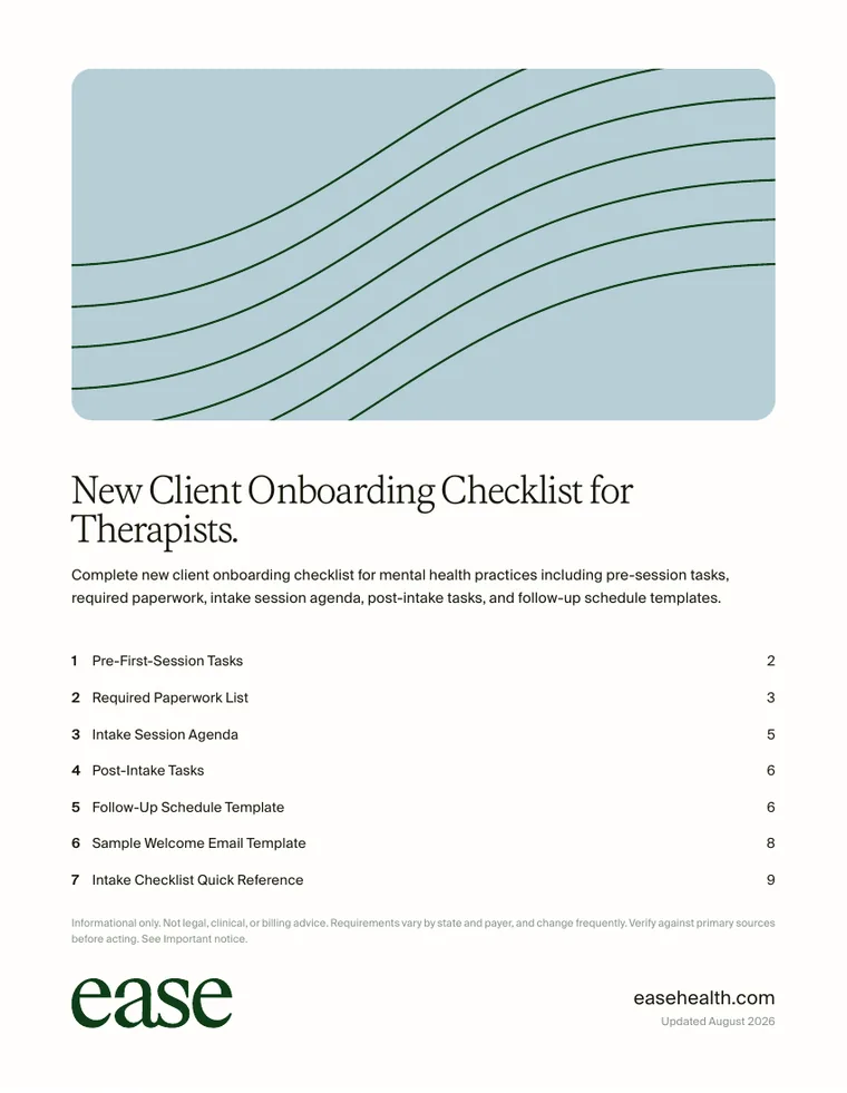 Cover page of the New Client Onboarding Checklist for Therapists PDF
