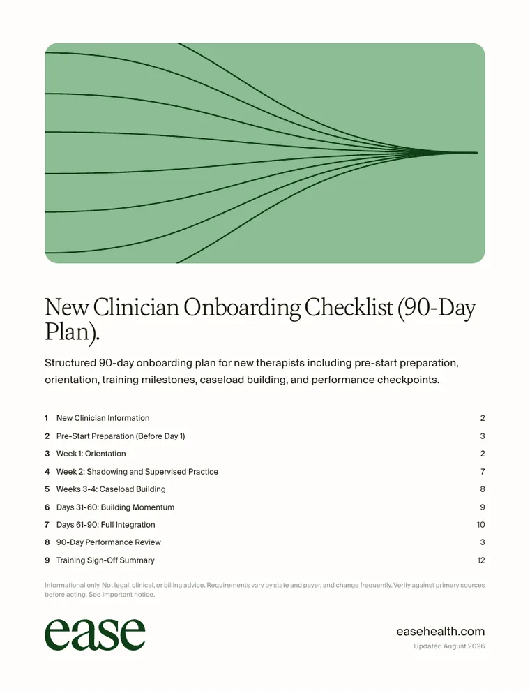 Cover page of the New Clinician Onboarding Checklist (90-Day Plan) PDF