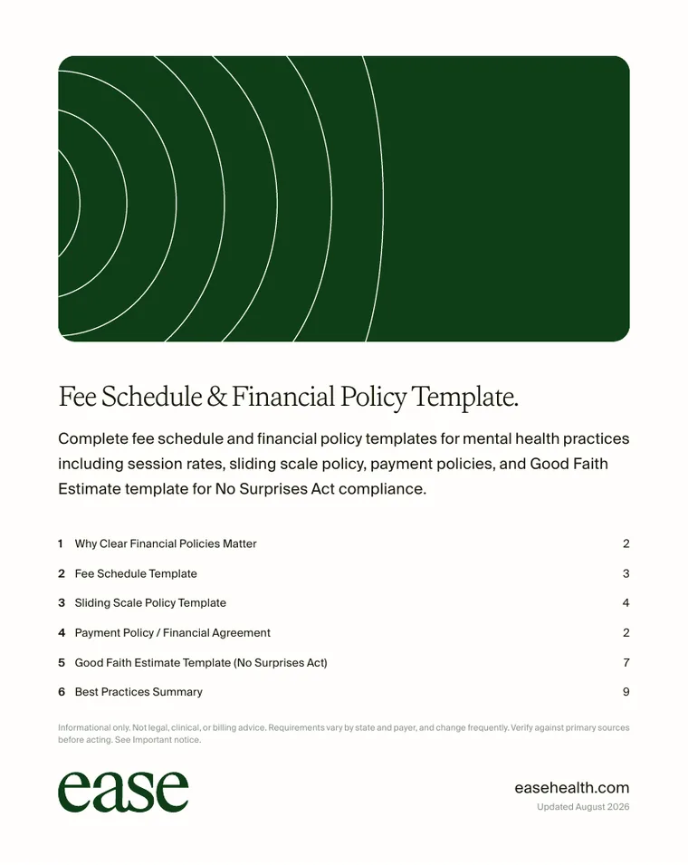 Cover page of the Fee Schedule & Financial Policy Template PDF