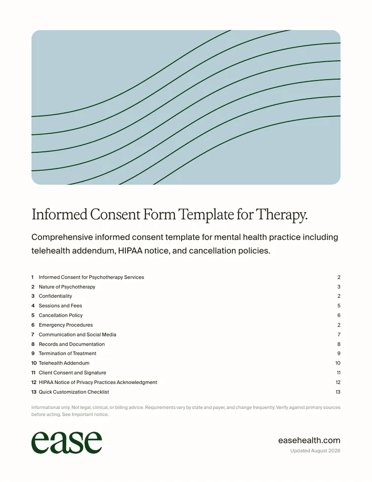 Cover page of the Informed Consent Form Template for Therapy PDF