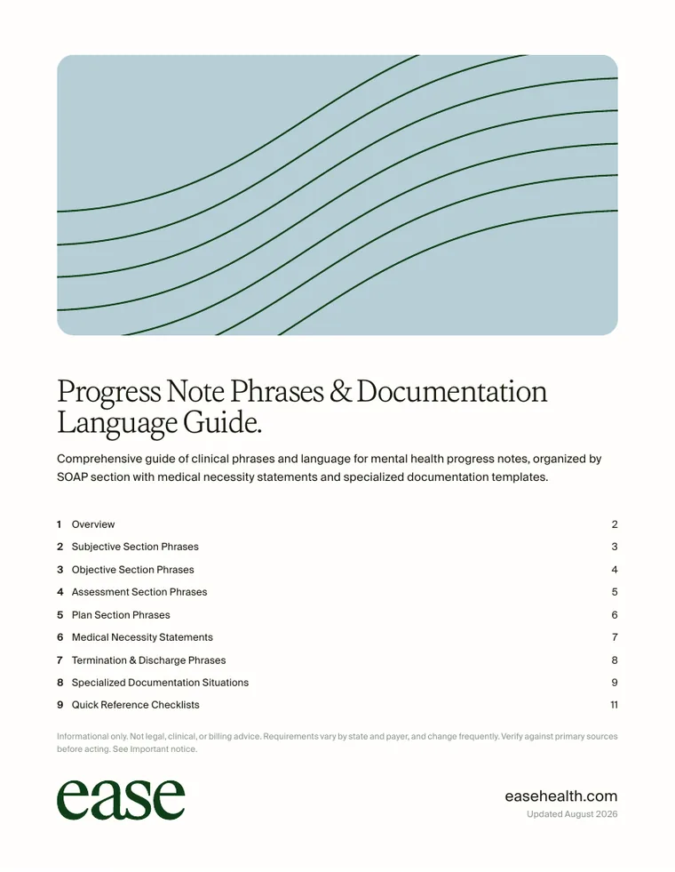 Cover page of the Progress Note Phrases & Documentation Language Guide PDF