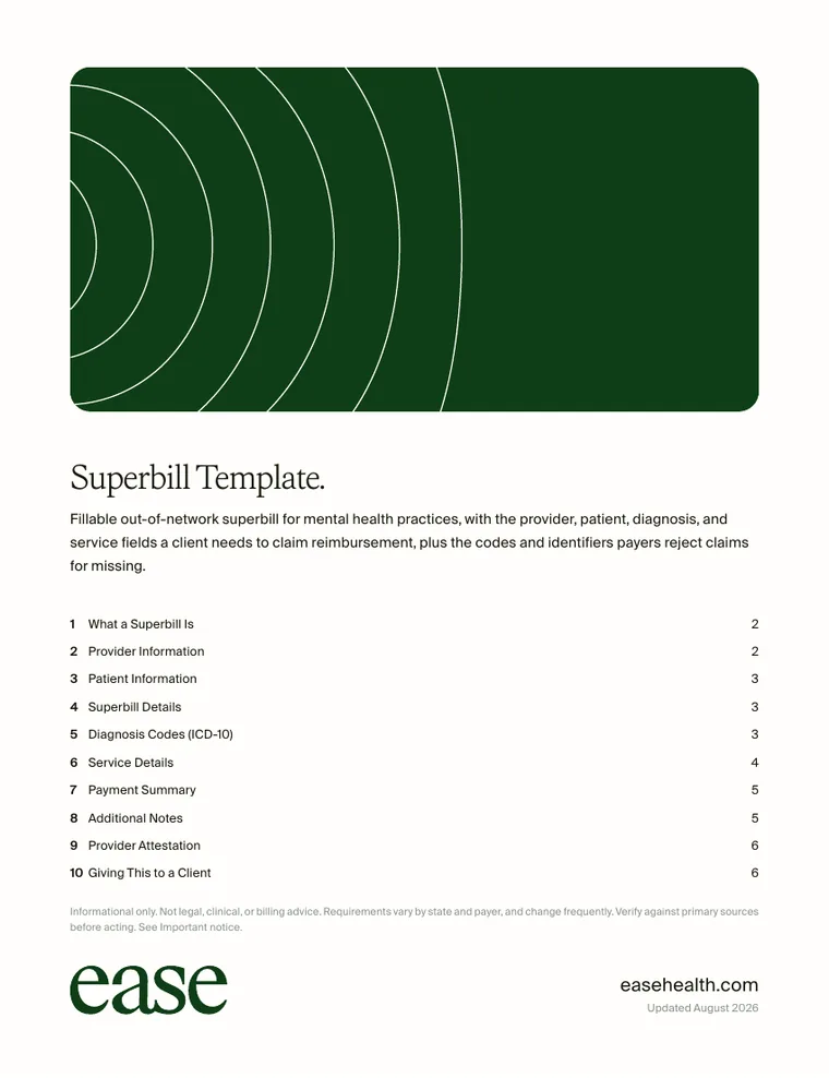 Cover page of the Superbill Template for Out-of-Network PDF