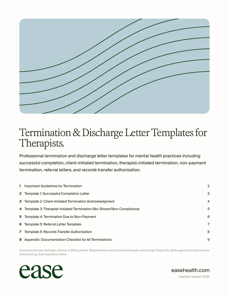 Cover page of the Termination & Discharge Letter Templates for Therapists PDF